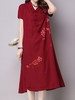 Women Printed V-Neck Plate Buckles Vintage Dresses