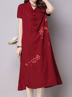 Women Printed V-Neck Plate Buckles Vintage Dresses