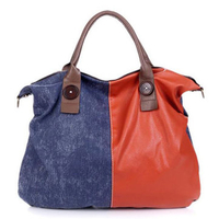 Women PU&Cotton Handbag Leisure Patcwork Shoulder Bag Shopping Bag