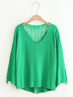 Women Pure Color Back Spilt V-Neck Long Sleeve Knitted Sweaters