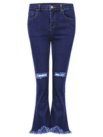 Women Pure Color Hole Tassels Slim Stretch Denim Pants Flares Pants
