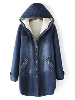 Women Pure Color Long Sleeve Button Hooded Plus Velvet Denim Jacket