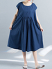 Women Pure Color Short Sleeve High Waist Loose Vintage Dresses