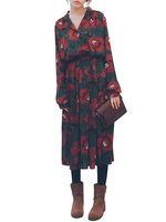 Women Retro Long Sleeve Lapel Floral Printed Chiffon Maxi Dress With Belt