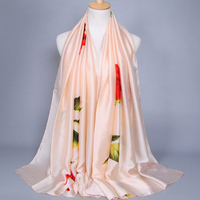 Women Rose Flower Floral Printed Silk Artificial Satin Polyester Scarf Long Shawls