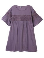 Women Round Neck Short Sleeve Lace Stitching Linen Dress