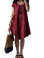 Women Ruffle Embroidered Irregular Split Cotton Linen Dress