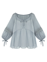 Women Ruffles Bow Crochet Patchwork Two Pieces Chiffon Blouse
