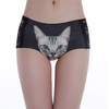 Women Sexy 3D Pussycat Printing Panties Lace Hollow Mid Waist Briefs Underwear