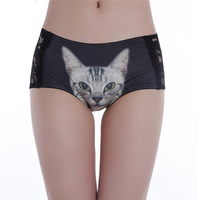 Women Sexy 3D Pussycat Printing Panties Lace Hollow Mid Waist Briefs Underwear