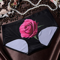 Women Sexy 3D Rose Printing Briefs Seamless Silk Mid Waist Panties Underwear