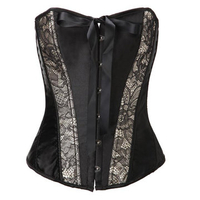 Women Sexy Black Satin Ribbon Corset Floral Print Jacquard Overbust Bustier