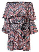 Women Sexy Bohemia Print Off-shoulder Horn Sleeve Mini Dress