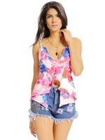 Women Sexy Deep V Flower Print Slit Hem Backless Irregular Camisole Top