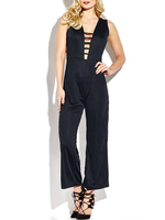 Women Sexy Deep V Hollow Loose Leg Slit Sleeveless Jumpsuit