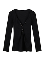 Women Sexy Deep V-Neck Casual Solid Long Sleeve Buttons Blouse