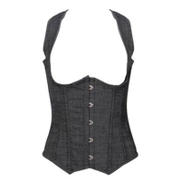 Women Sexy Denim Hollow Out Back Corsets Ribbon Grey Satin Underbust Bustiers
