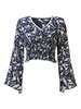 Women Sexy Feather Print Horn Sleeve V-neck Long Sleeve Tops