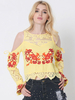 Women Sexy Floral Embroidery Lace Stitching Off-shoulder Long Sleeve Tops