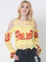 Women Sexy Floral Embroidery Lace Stitching Off-shoulder Long Sleeve Tops