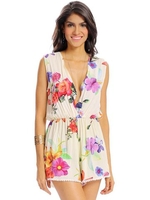 Women Sexy Floral Print Deep V Loose Sleeveless Lace-up Jumpsuit