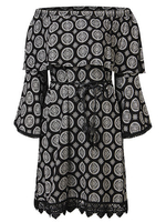 Women Sexy Floral Print Slash Neck Lace-up Horn Sleeve Dress
