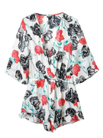 Women Sexy Floral Print V-neck Pleated Loose Half Sleeve Jumpsuit