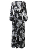 Women Sexy Floral Print V-nevk See-through 3/4 Sleeve Maxi Dress