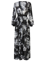 Women Sexy Floral Print V-nevk See-through 3/4 Sleeve Maxi Dress
