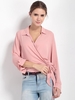 Women Sexy Hem Tie Deep V Long Sleeve Turn-down Collar Blouse