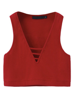 Women Sexy Hollow V-neck Sleeveless Pure Color Tank Top