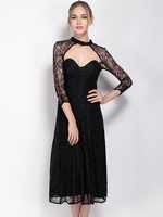 Women Sexy Lace Backless A-line Three Quarter Sleeve Maxi Dress