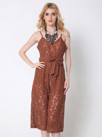 Women Sexy Lace Bowknot Wide Leg Camisole Backless V-neck Jumpsuit