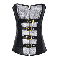 Women Sexy Leather Brocade Zipper Bustiers Steel Bone Waist Slimming Overbust Corset