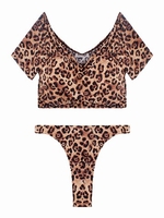 Women Sexy Leopard Printed Bikini Sets Short Sleeve Bathing Suit Swimwear