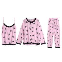 Women Sexy Lovely 3 Pieces Nightwear Long Sleeve Floral Printing Sleepwear Sets