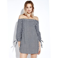 Women Sexy Off-shoulder Checked Three quarter sleeve Mini Dress