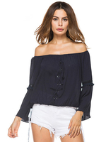 Women Sexy Off Shoulder Long Sleeve Drawstring Blouses