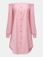 Women Sexy Off Shoulder Long Sleeve Solid Color Button Mini Dress
