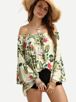 Women Sexy Off Shoulder Printed Ruffled Sleeve Blouses