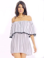 Women Sexy Off-shoulder Stripe Backless Loose Half Sleeve Mini Dress