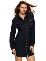 Women Sexy Patchwork Long Sleeve Single-Breasted Denim Dress