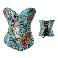 Women Sexy Peacock Tail Printing Corset Colorful Satin Overbust Bustier