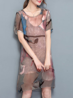 Women Sexy Printed O-Neck A-Line Two Layer Dresses