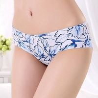 Women Sexy Seamless Lace Ice Silk Briefs Floral Printing Mid Waist Panties