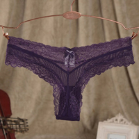 Women Sexy See Through Mesh Thongs Breathable Lace Purple V-Strings Panties