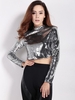 Women Sexy Sequins Zip Back Long Sleeve O-neck Slim Tops