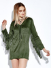 Women Sexy Suede Tassels V-neck Long Sleeve Mini Dress
