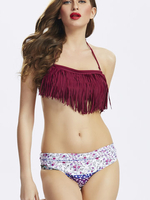 Women Sexy Tassels Halter Bikini Sets Triangle Printed Low Waist Swimsuit