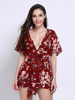 Women Sexy Vintage Floral Print V Neck Playsuit
